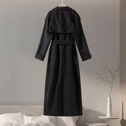 Women oversized long trench coat wool-polyester blend office-ready silhouette timeless style