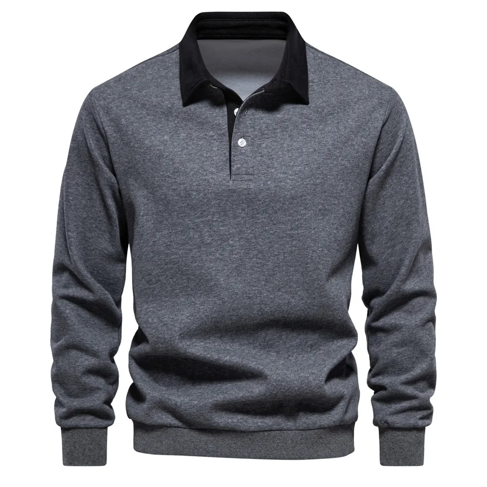 Men's navy long sleeve polo shirt cotton blend comfort fit with contrast white collar
