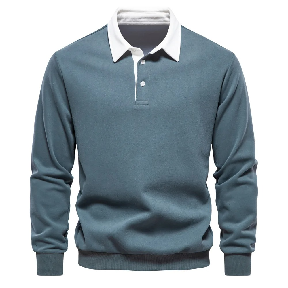 Men's navy long sleeve polo shirt cotton blend comfort fit with contrast white collar