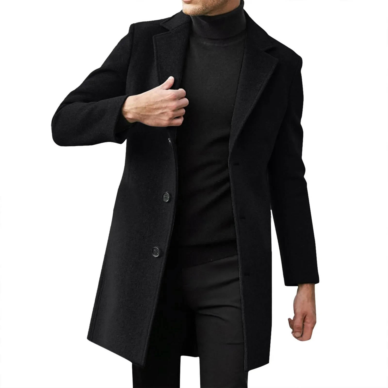 Men's slim fit longline wool overcoat in classic dark tone with notched lapel collar for business formal