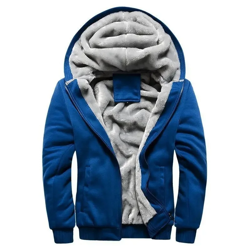 Men's navy hooded jacket regular fit full-zip winter coat with plush fleece lining cotton blend