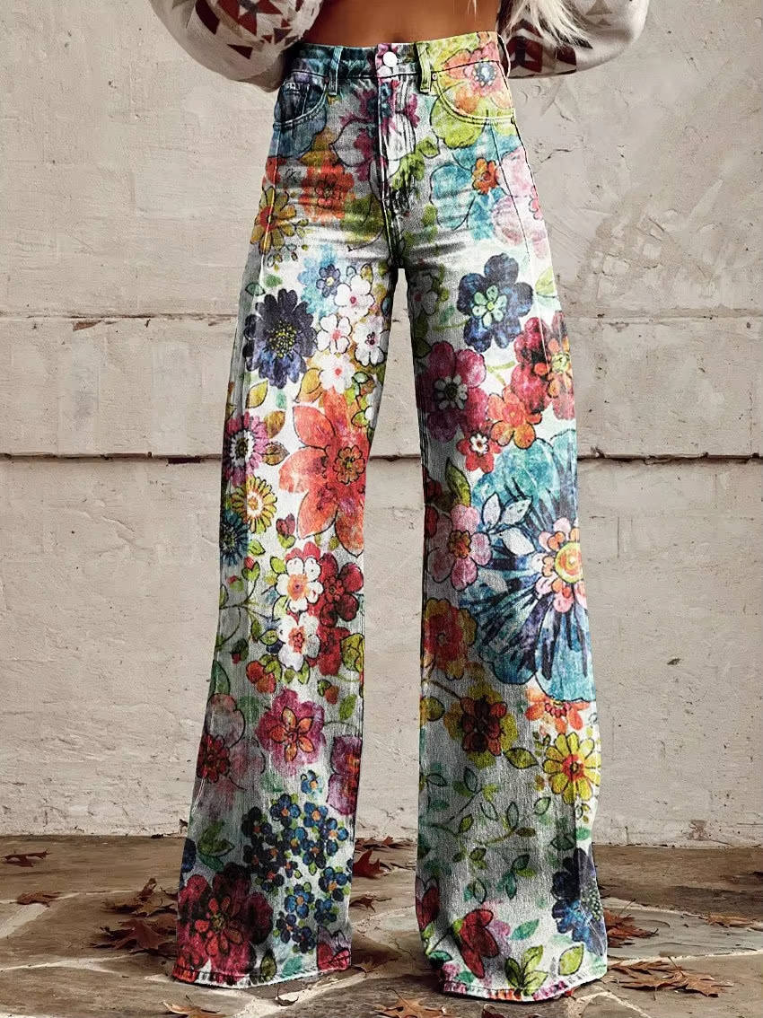 Women's high-waisted floral print pants vintage-inspired wide-leg silhouette bold colorful pattern
