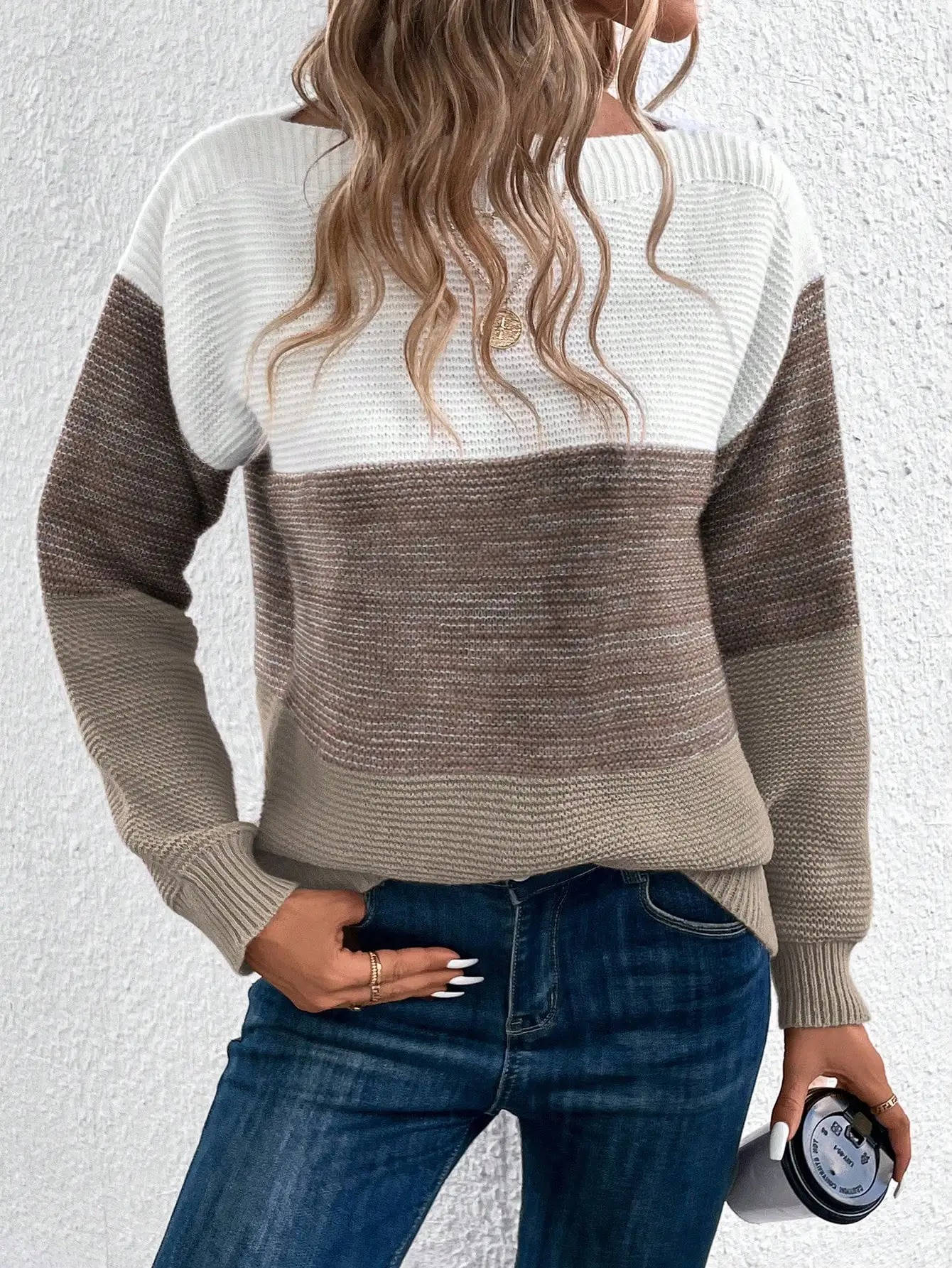 Women's loose knit sweater three-color block design cozy chic relaxed fit office-ready everyday style
