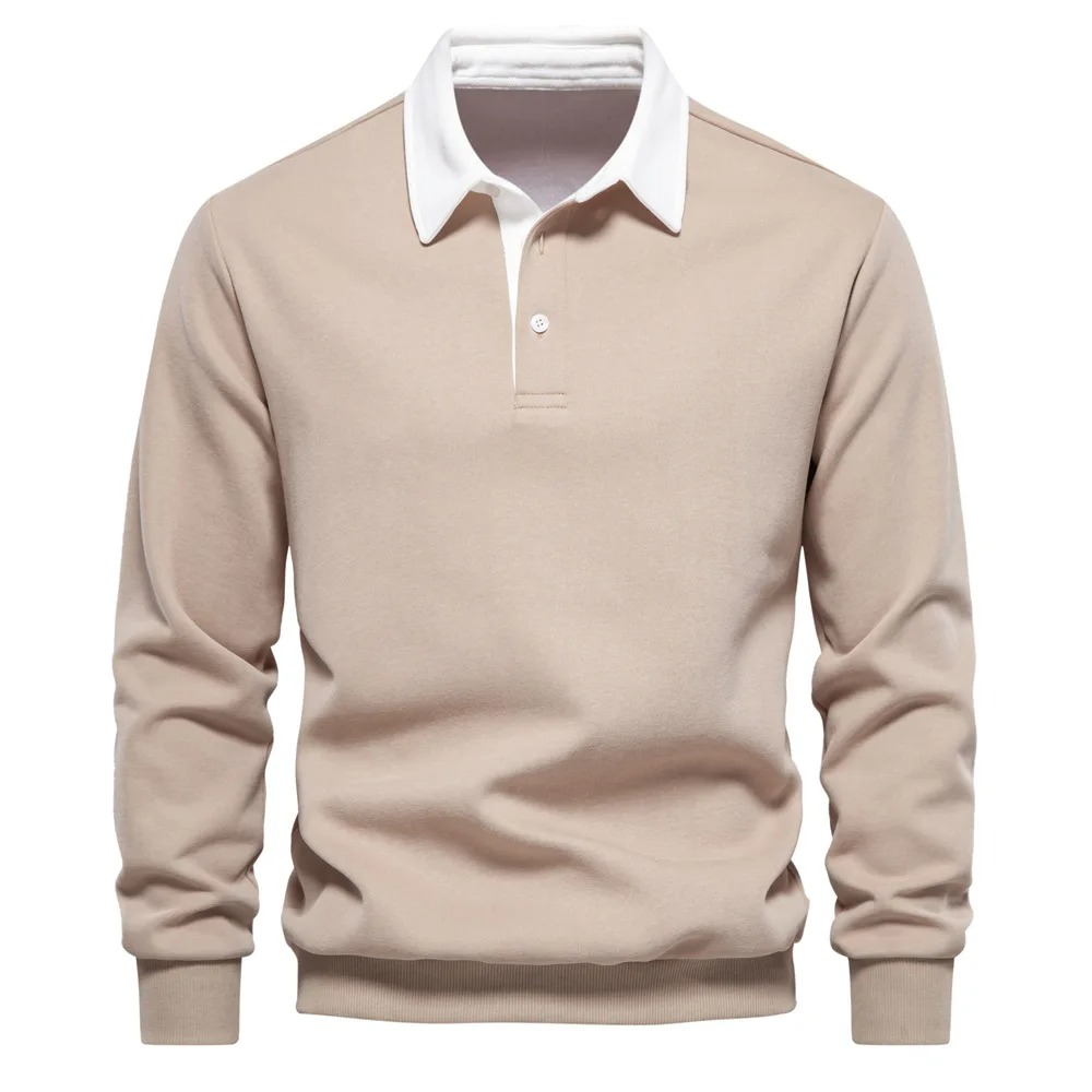 Men's navy long sleeve polo shirt cotton blend comfort fit with crisp white contrast collar
