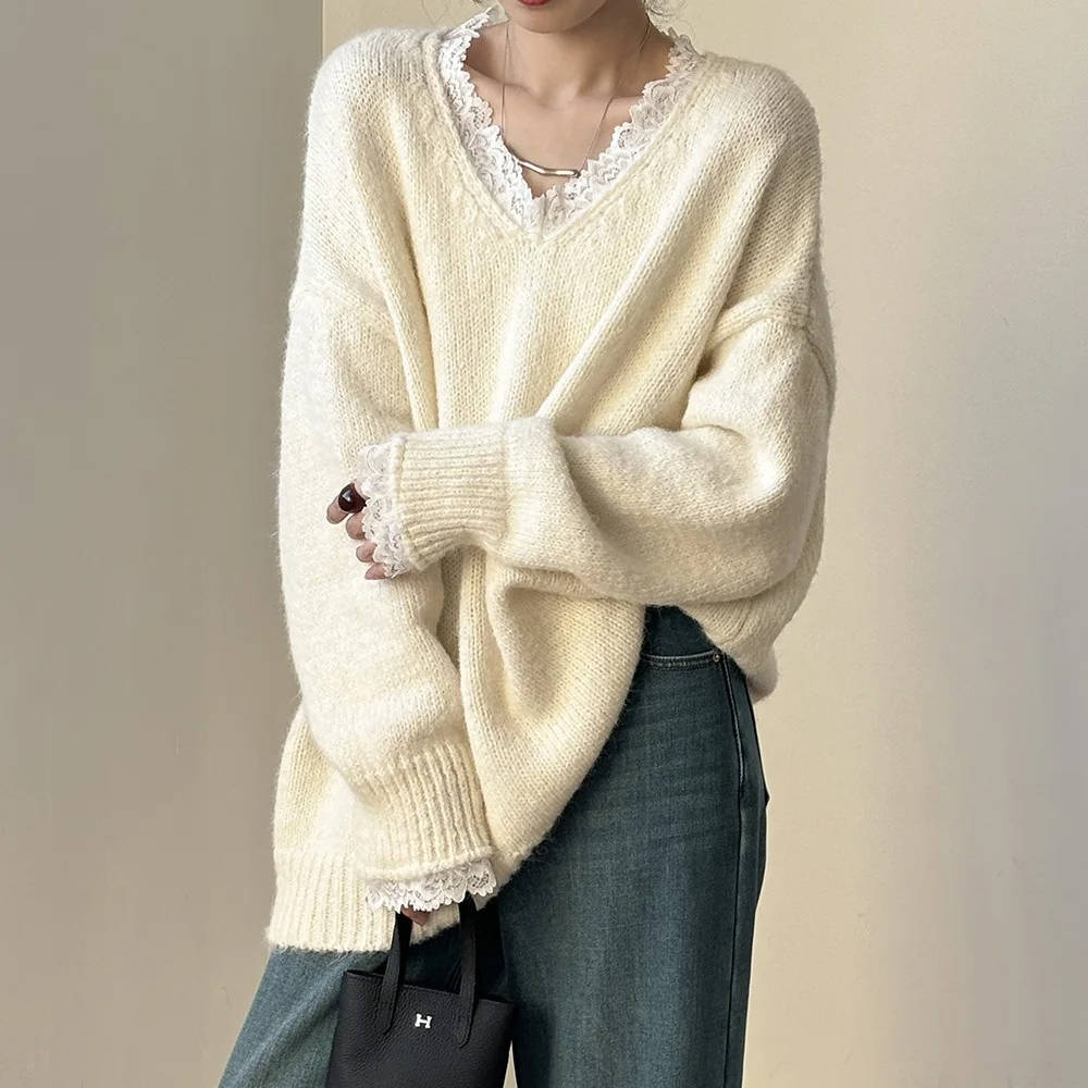 Women's soft knit V-neck sweater with delicate lace-trimmed neckline, feminine everyday style
