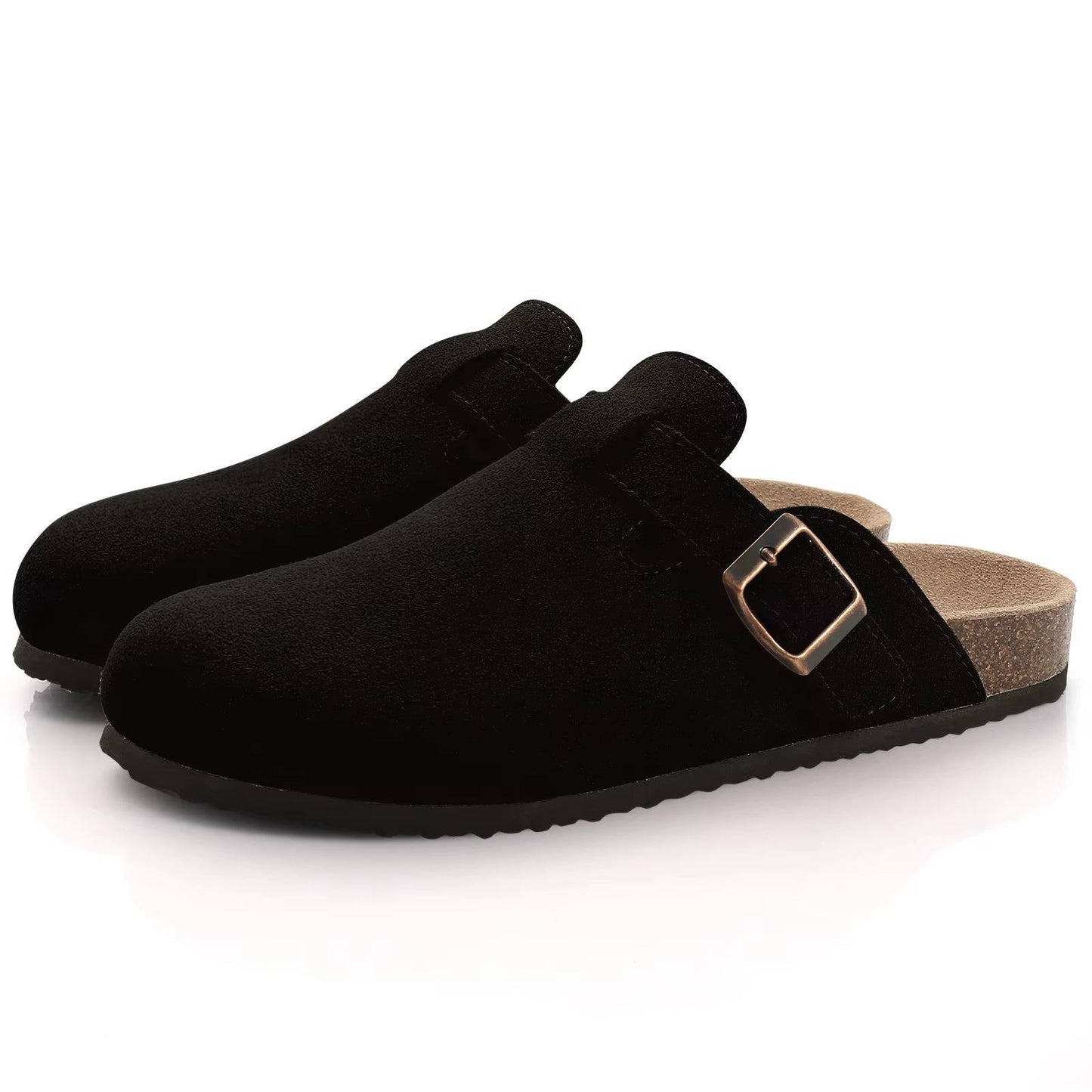 Women's suede clog mule shoes with metal buckle strap and natural cork footbed for all-day comfort