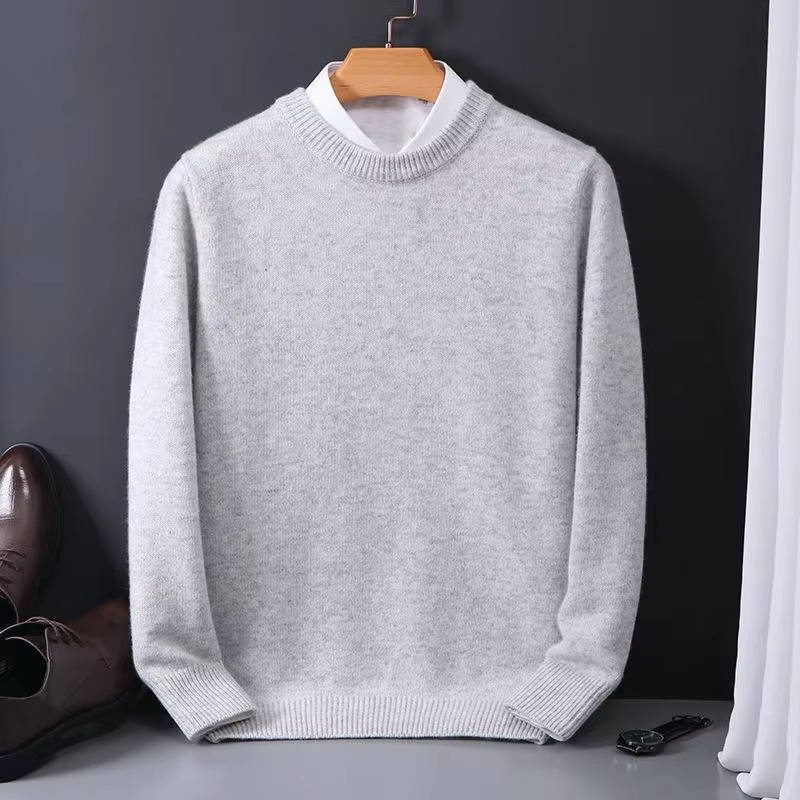 Men's light blue crew neck knit sweater with mock collar detail, cozy wool blend pullover