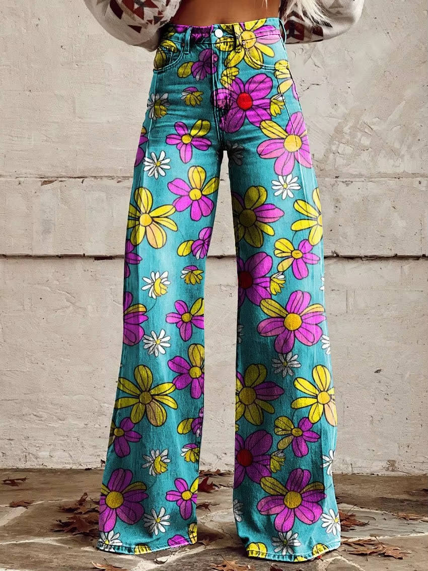 Women's high-waisted floral pants vintage-inspired wide-leg silhouette bold colorful retro print