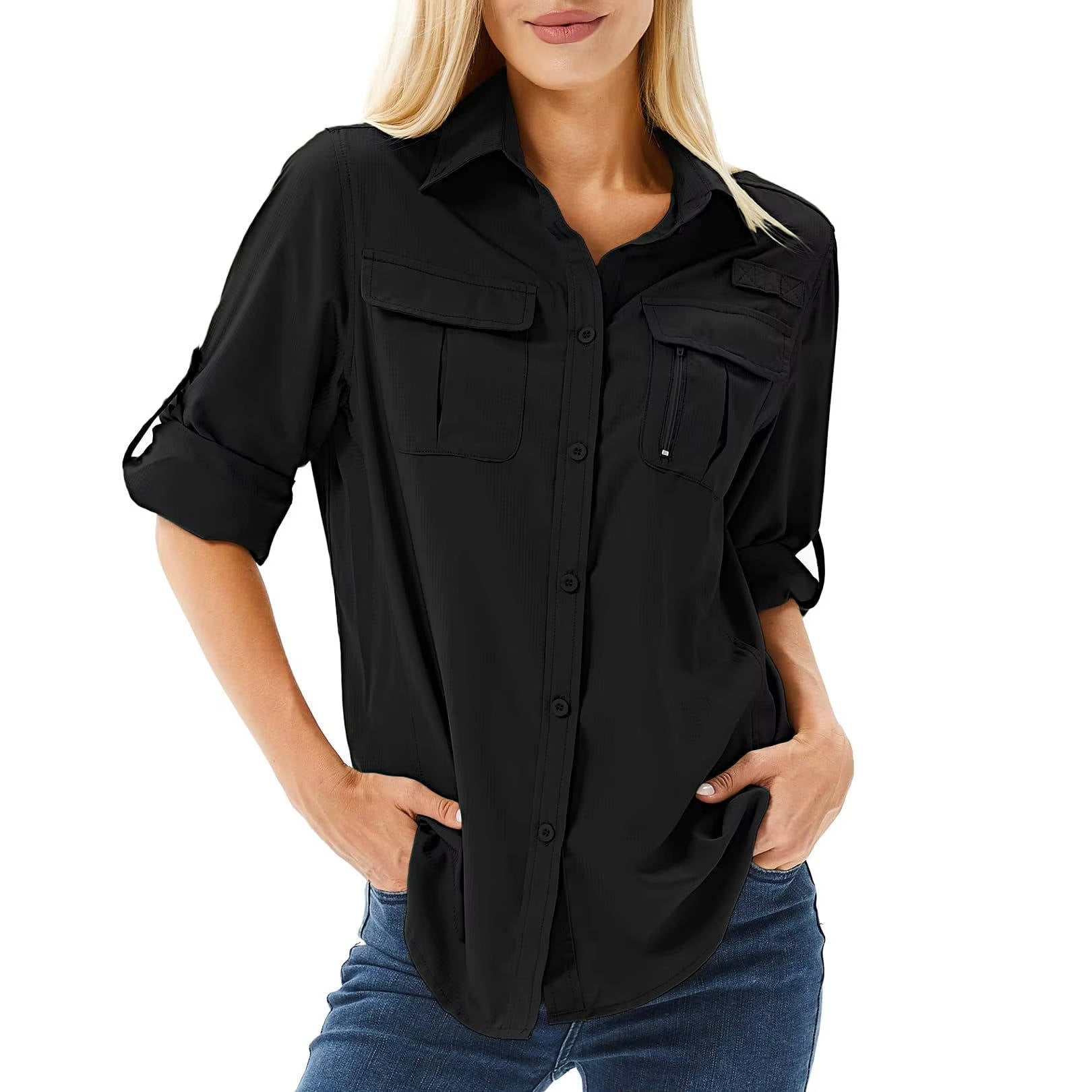 Women's beige UPF 50 hiking shirt with roll-up sleeves, button-down safari style, and vented back panel