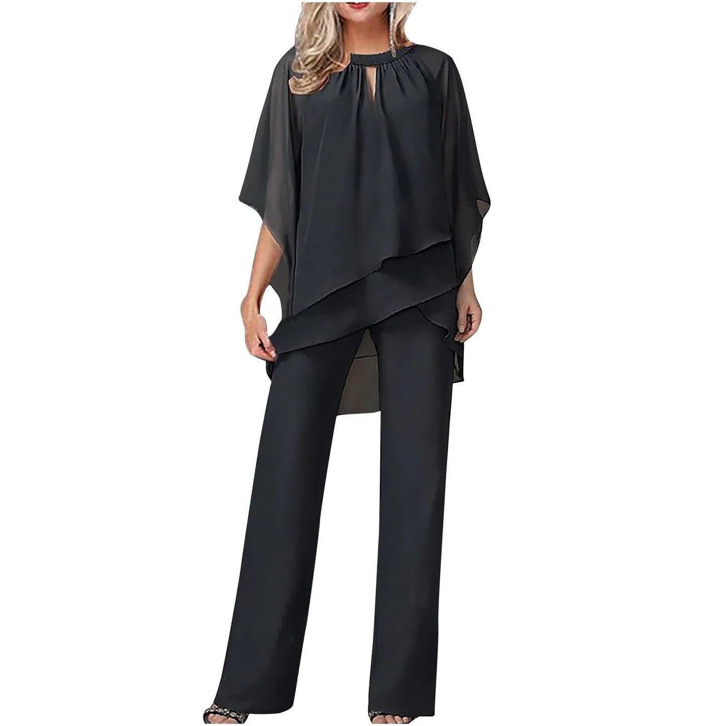 Women's chiffon overlay batwing sleeve wide leg pantsuit in elegant flowing silhouette
