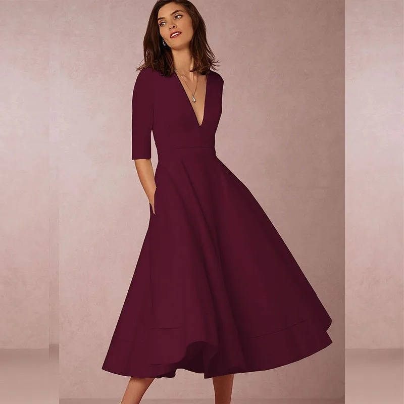 Elegant deep V-neck midi dress in solid color, slim fit with a flattering neckline for special occasions