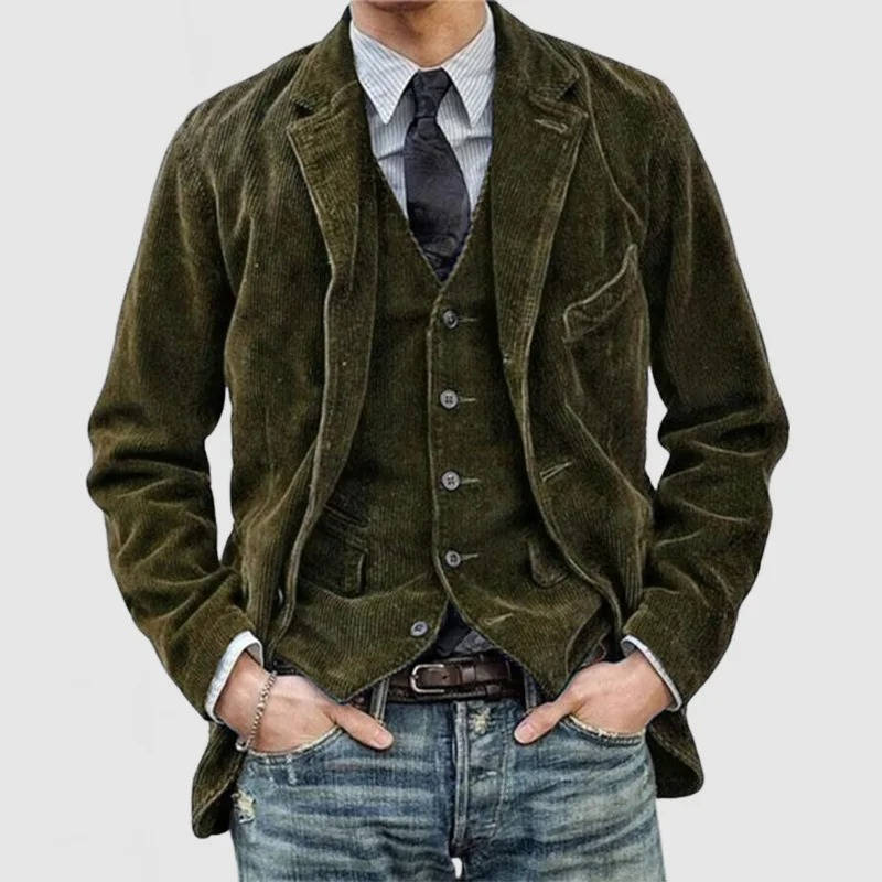 Men's brown corduroy blazer smart casual slim fit jacket with ribbed texture for fall
