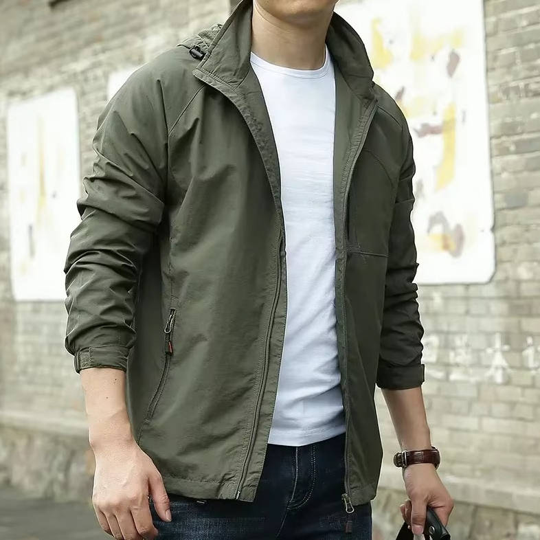 Men's lightweight utility jacket windproof water-resistant with zip pockets for daily wear