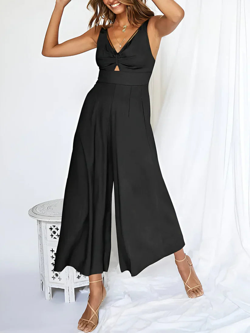 Navy blue sleeveless wide-leg jumpsuit with V-neck and high waist for women
