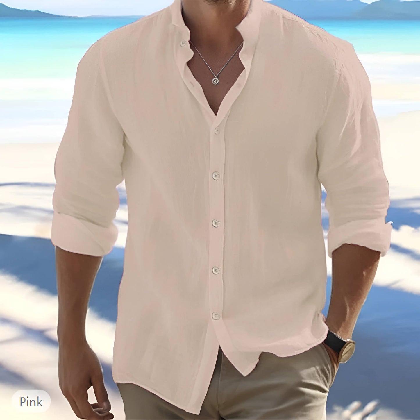 Men's light blue linen-cotton blend long sleeve shirt relaxed fit breathable button-front casual style
