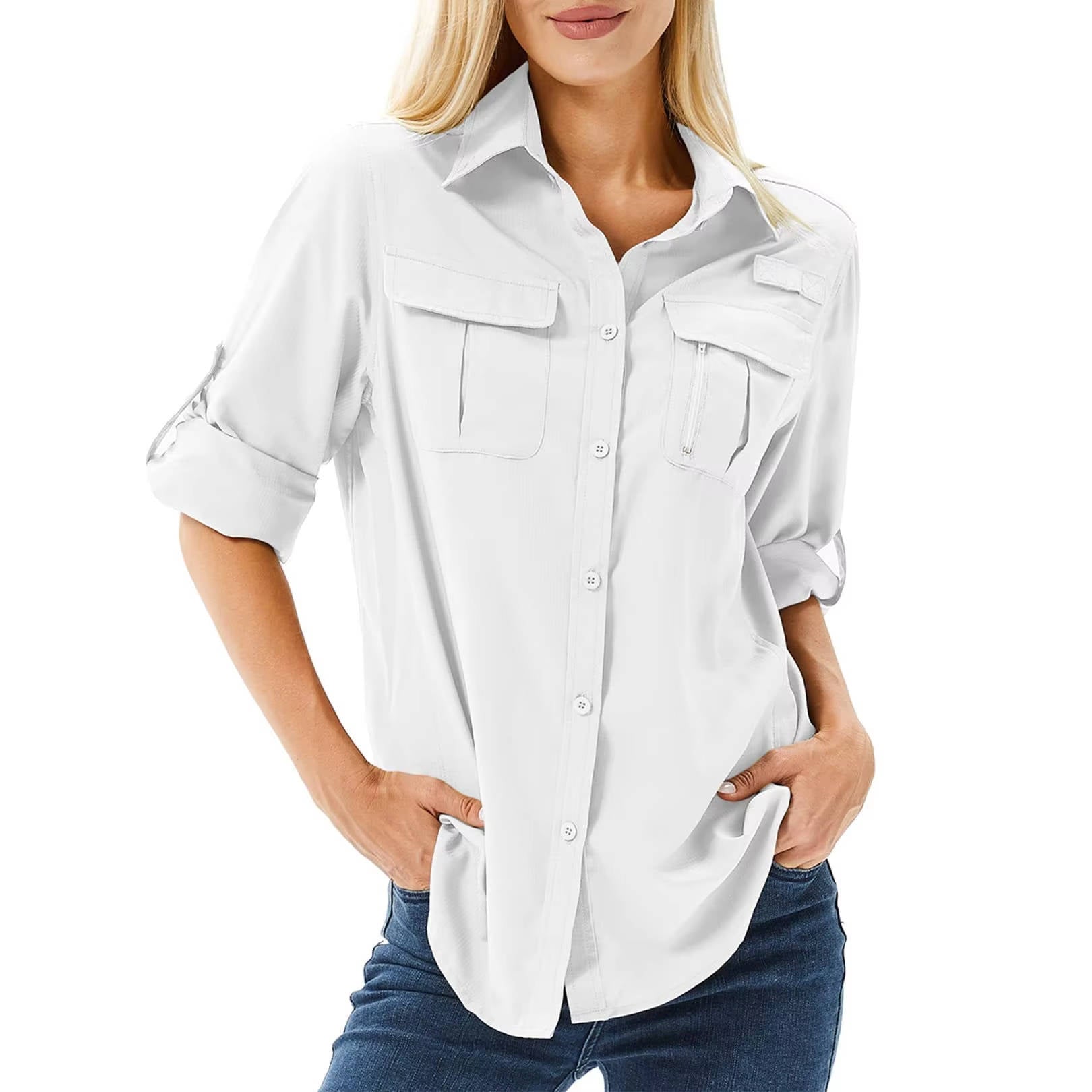 Women's beige UPF 50 safari shirt with roll-up sleeves, vented back, and dual chest pockets