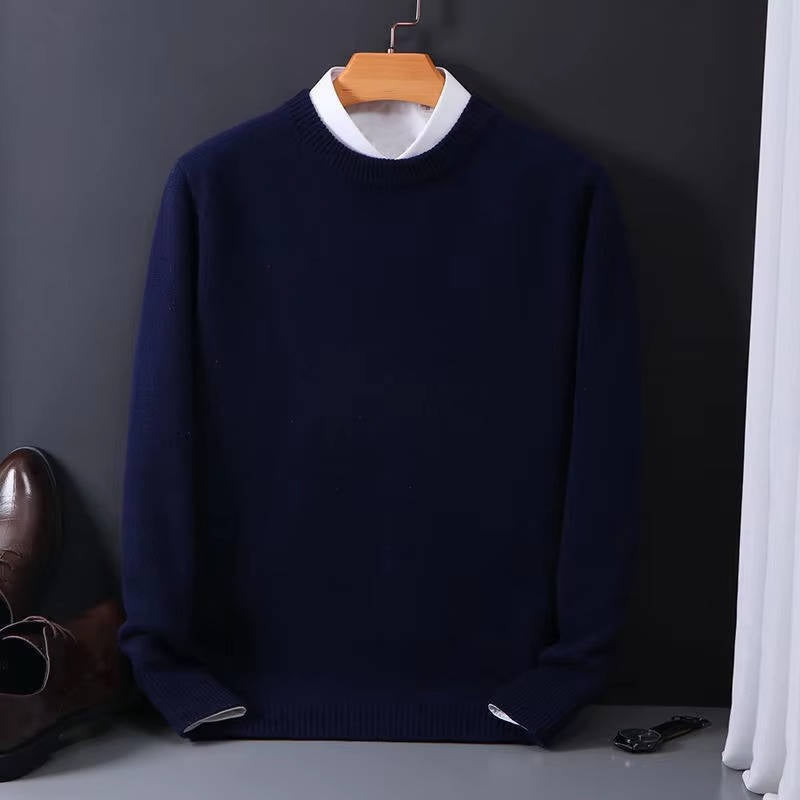 Men's light blue crew neck knit sweater with mock collar detail, cozy wool blend pullover