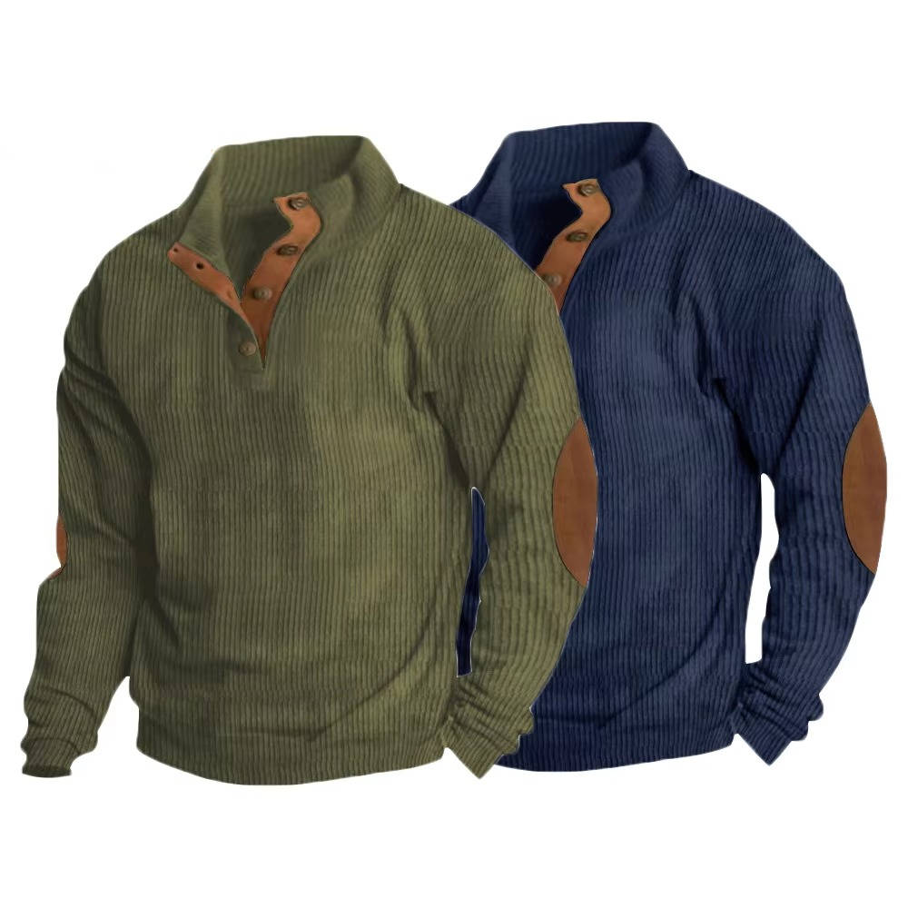 Mens Button Neck Pullover Sweater With Elbow Patches Casual Classic Knit Warm Everyday Wear