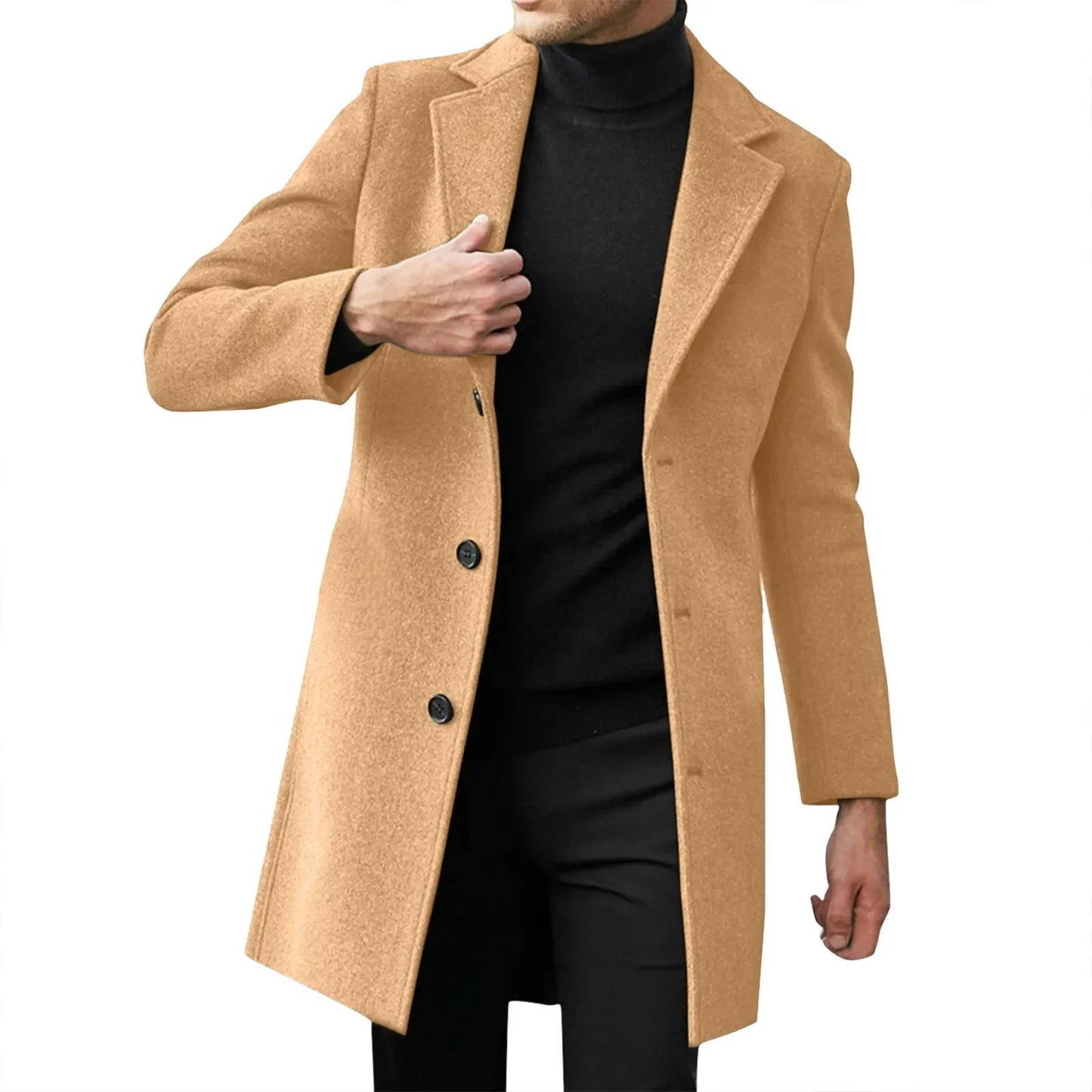 Men's slim fit longline wool overcoat in classic business formal style with notched lapel collar