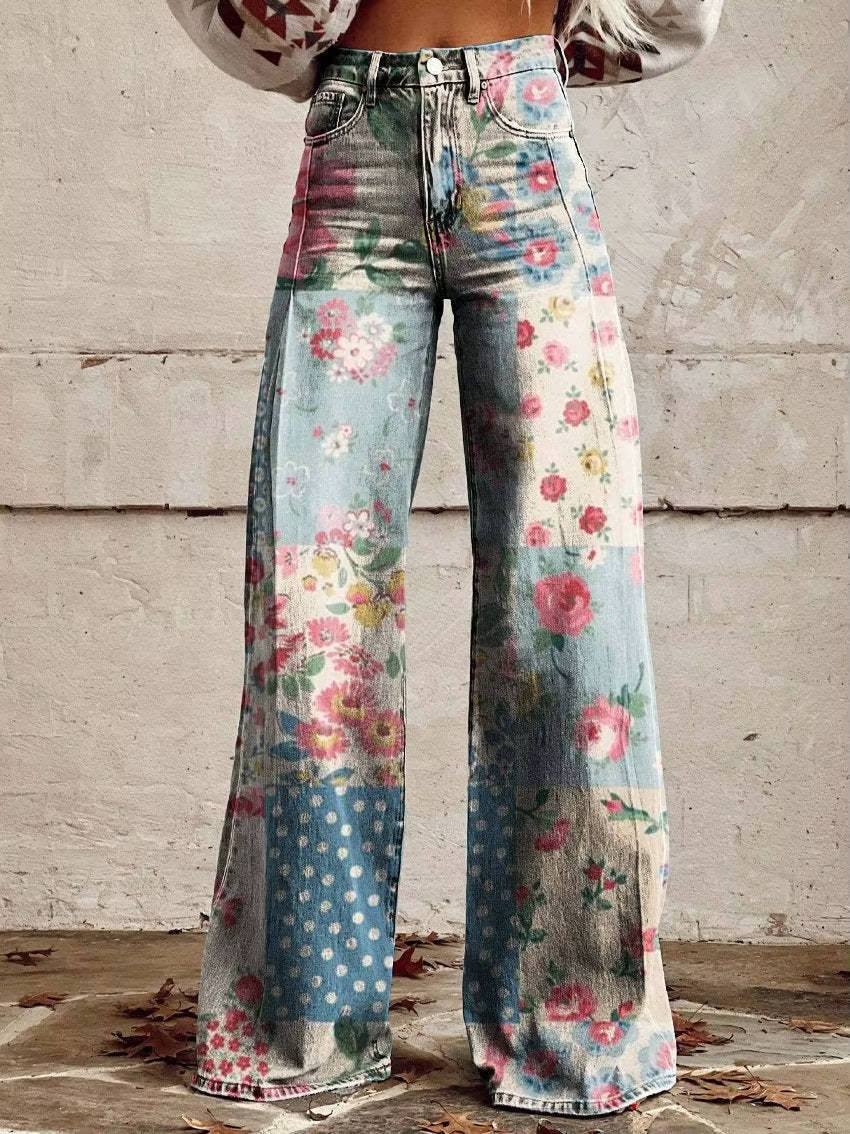 Women's high-waisted floral pants vintage-inspired silhouette bold colorful retro wide-leg fit