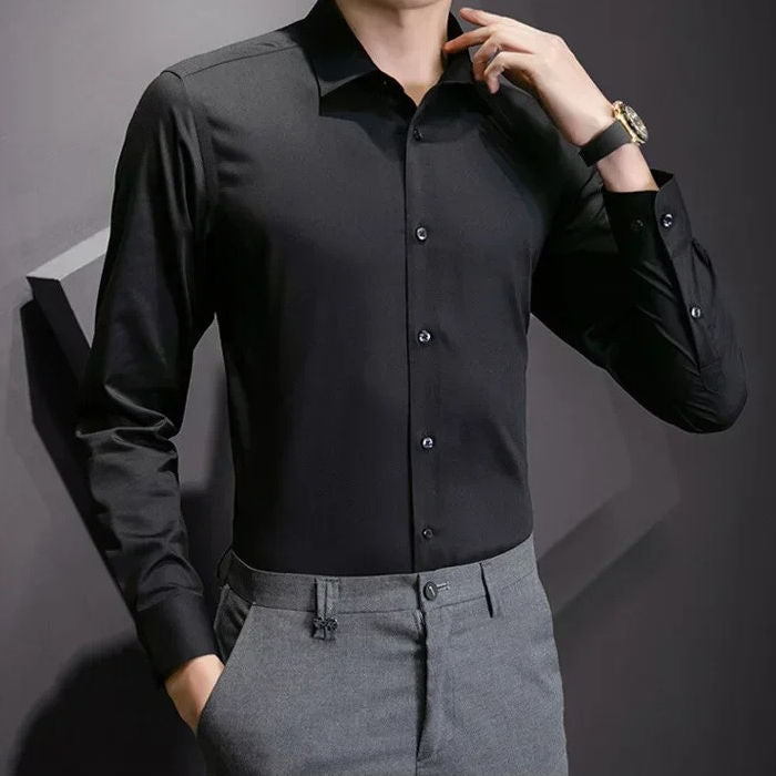 Men's white pocketless long sleeve dress shirt wrinkle-resistant stretch slim fit professional