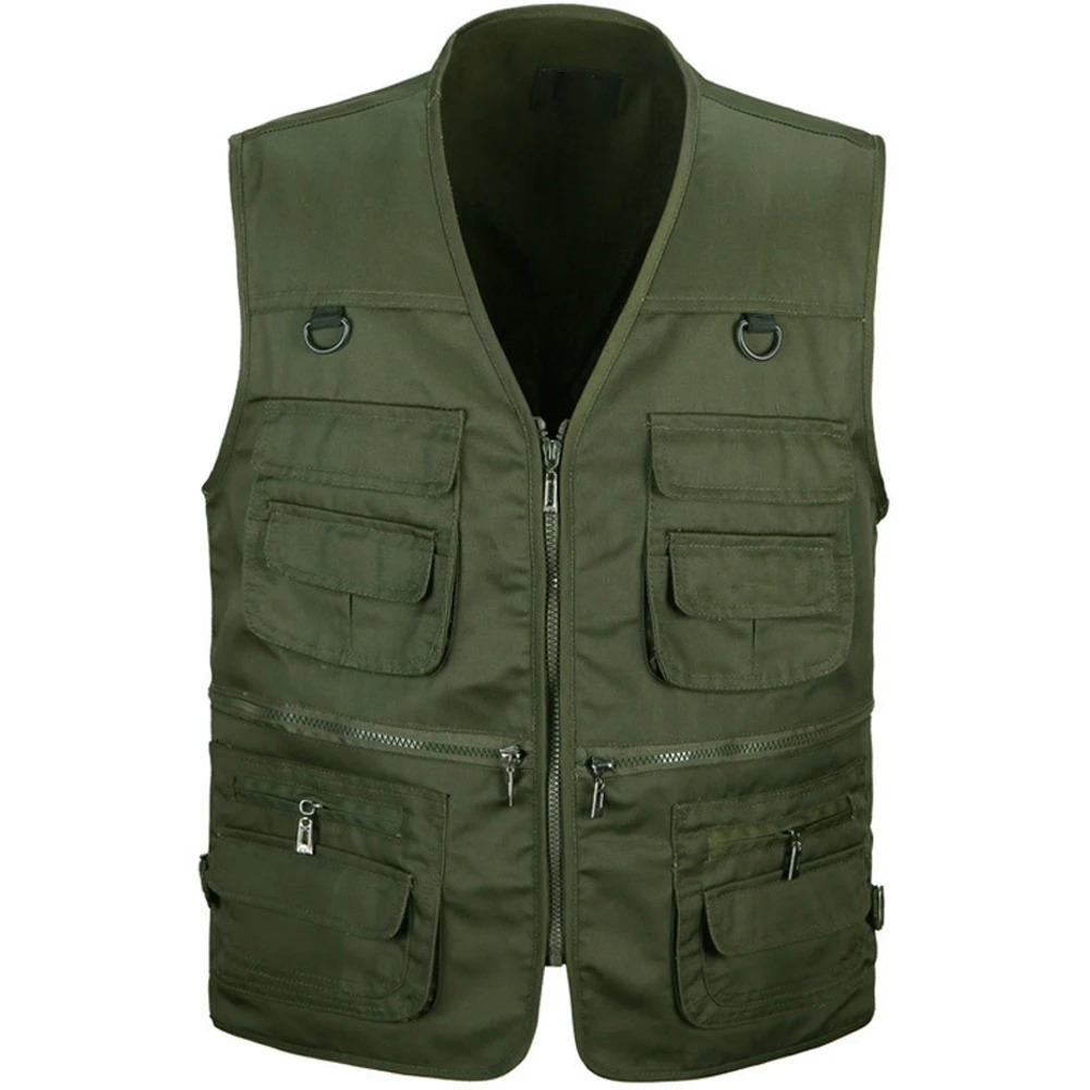 Men's lightweight multi-pocket hiking vest in neutral tones with zippered utility chest pouches for outdoor travel