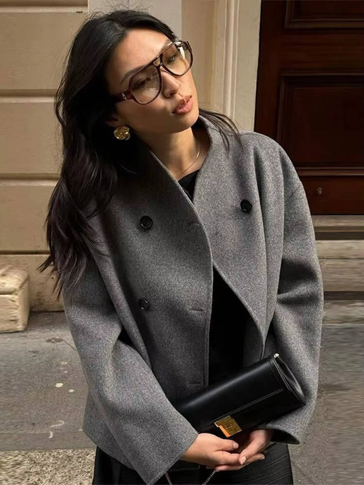 Women's cropped wool peacoat in classic hue, double-breasted front with chic stand collar silhouette
