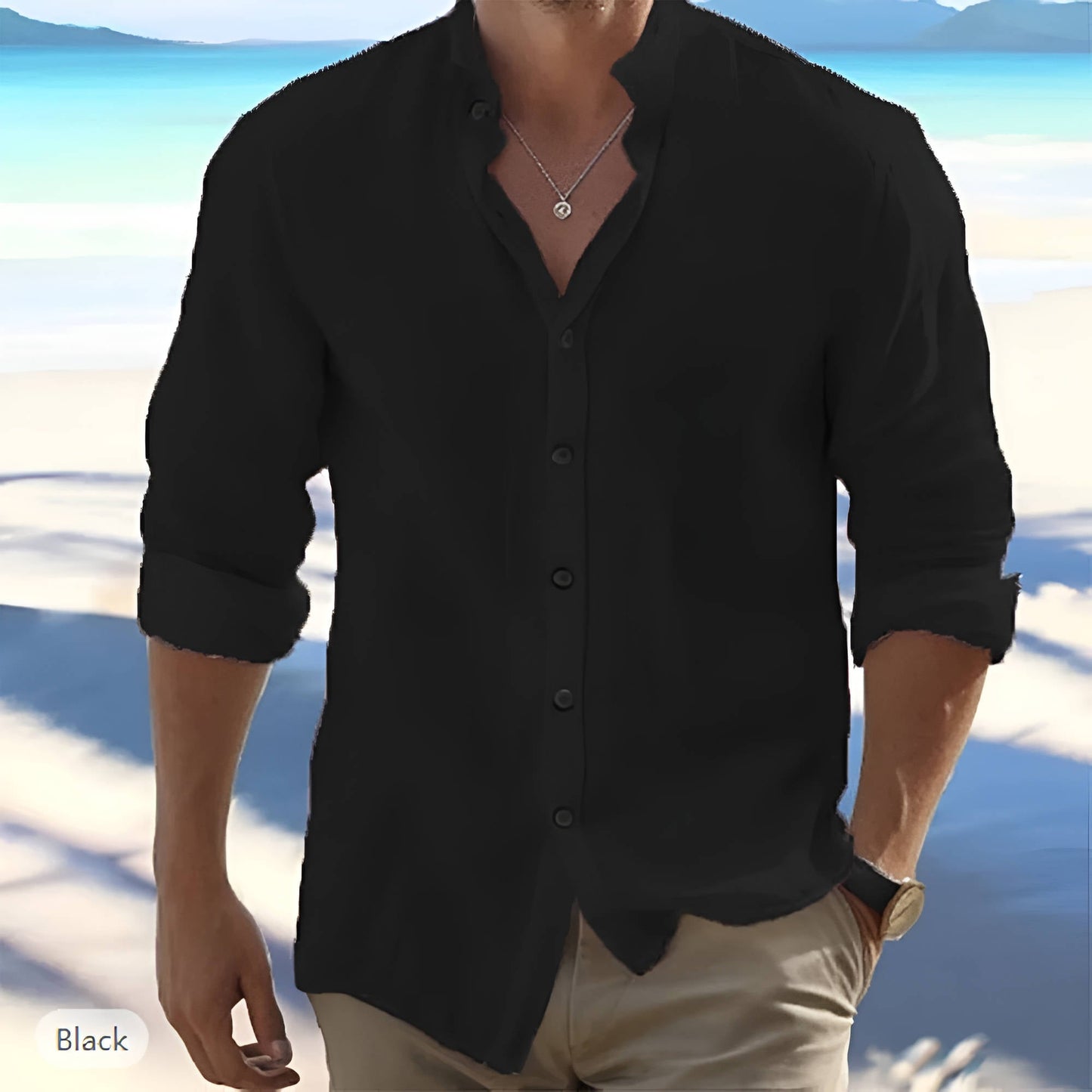 Men's light beige linen-cotton blend long sleeve casual shirt with button front relaxed fit