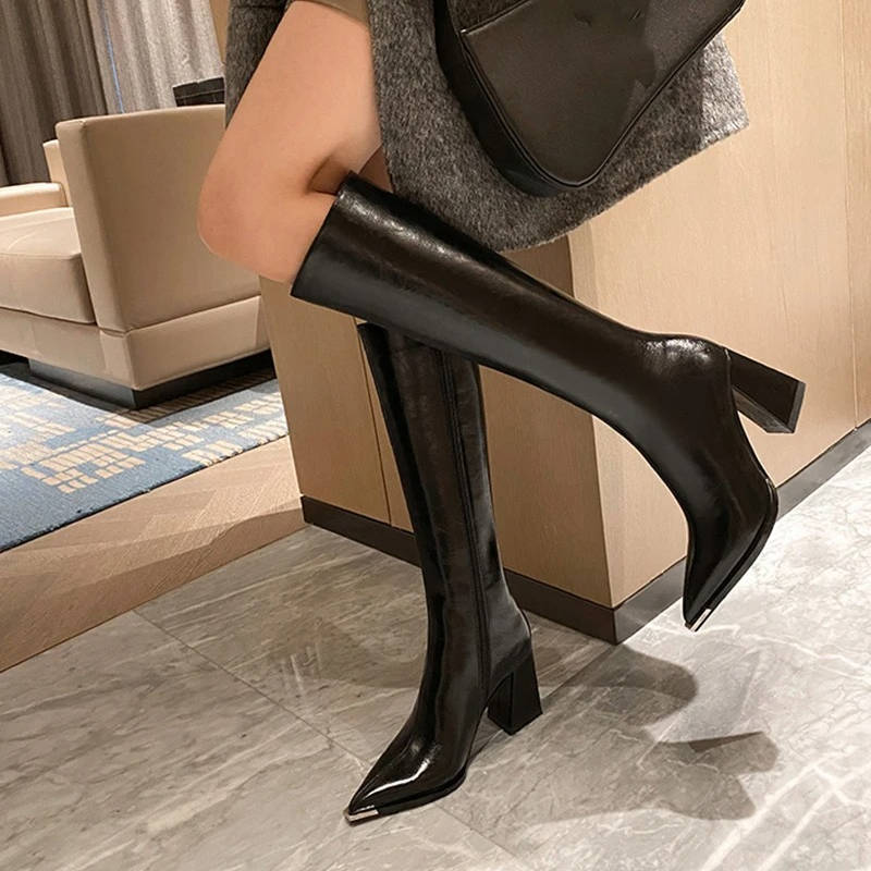 Women's black PU leather knee-high boots with block heels, sleek silhouette and all-day comfort