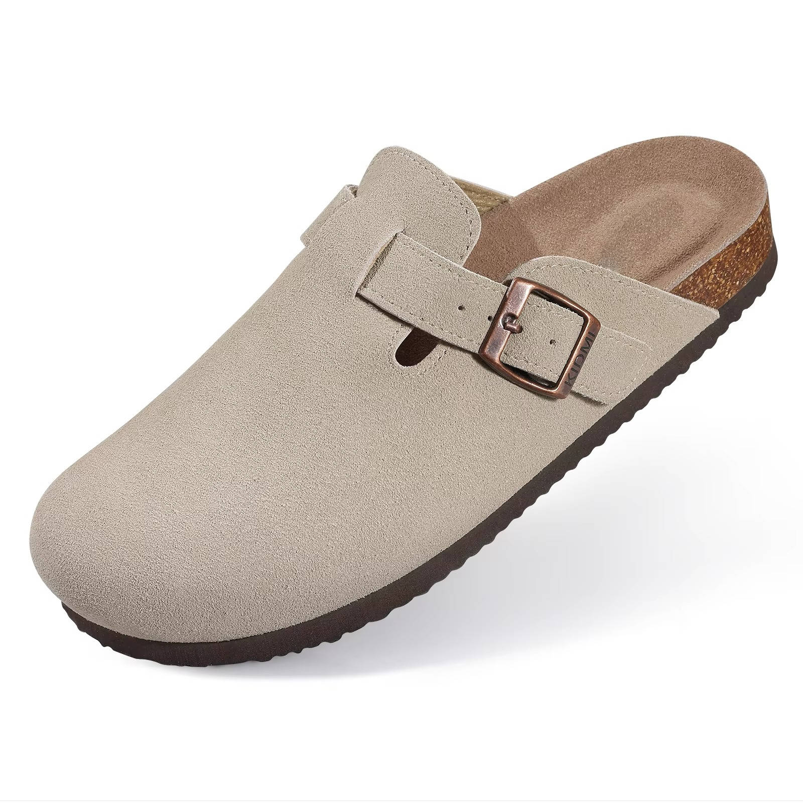 Women's suede clog mule shoes with metal buckle strap and natural cork footbed for all-day comfort