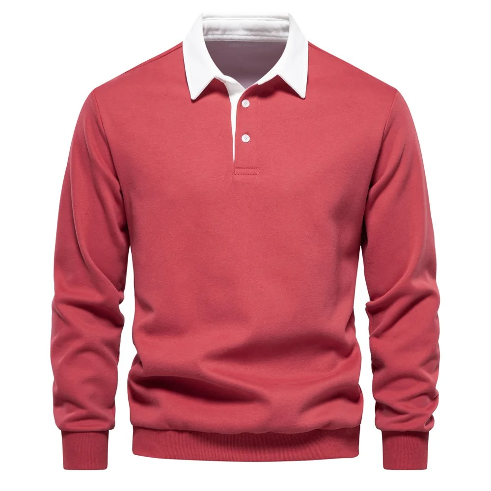 Men's navy long sleeve polo shirt cotton blend comfort fit with crisp white contrast collar