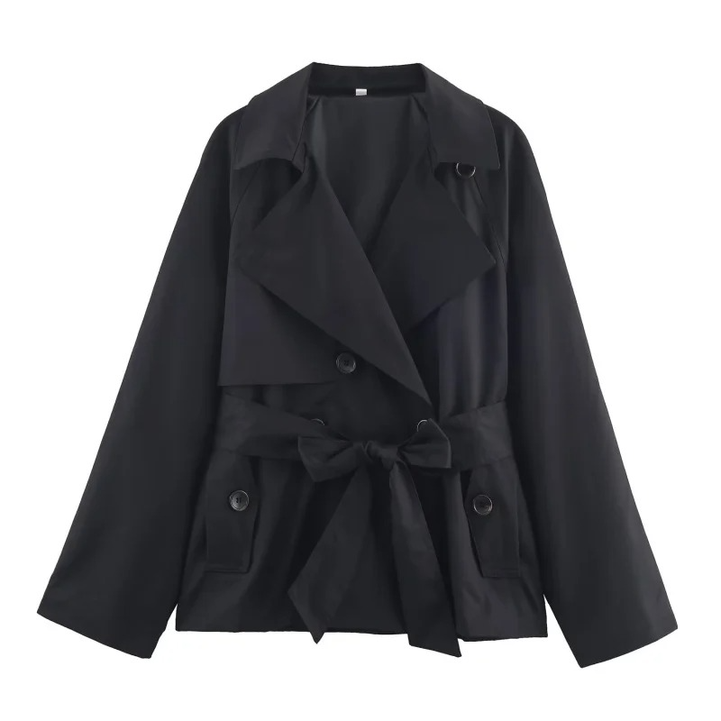 Women's short beige double-breasted trench coat with belt, British-inspired tailored silhouette