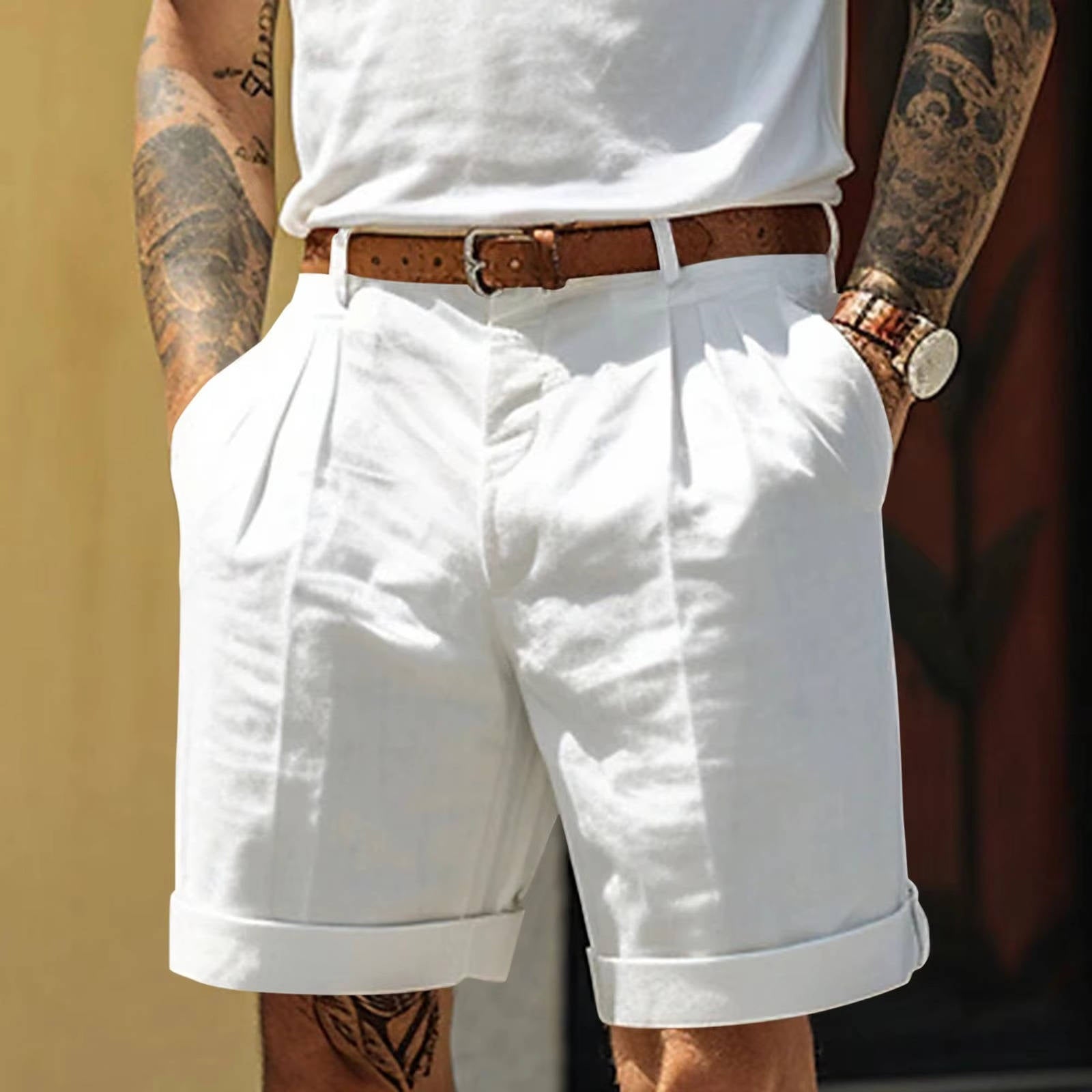 Men's white pleated cotton-linen blend shorts with cuffed hem, classic relaxed fit for everyday wear