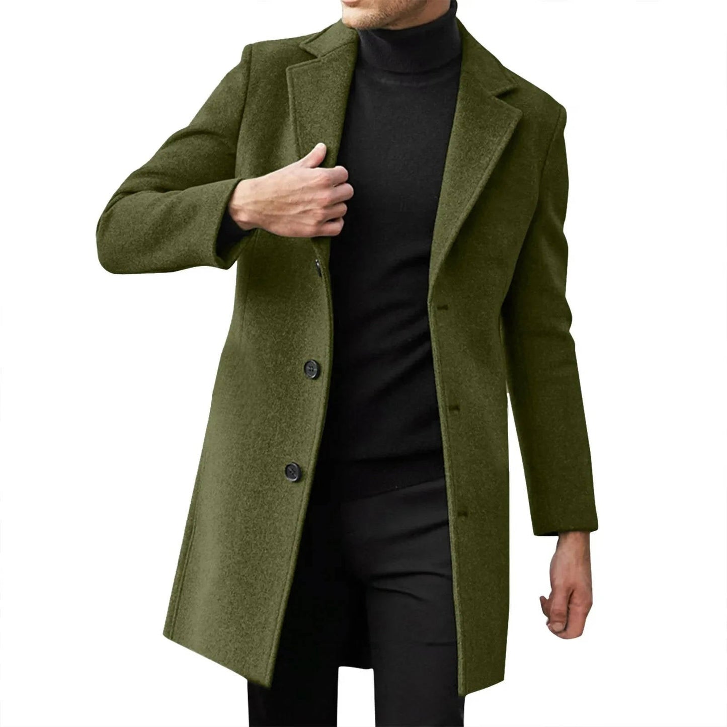 Men's slim fit longline wool overcoat in classic tones with notched lapel collar for business formal style