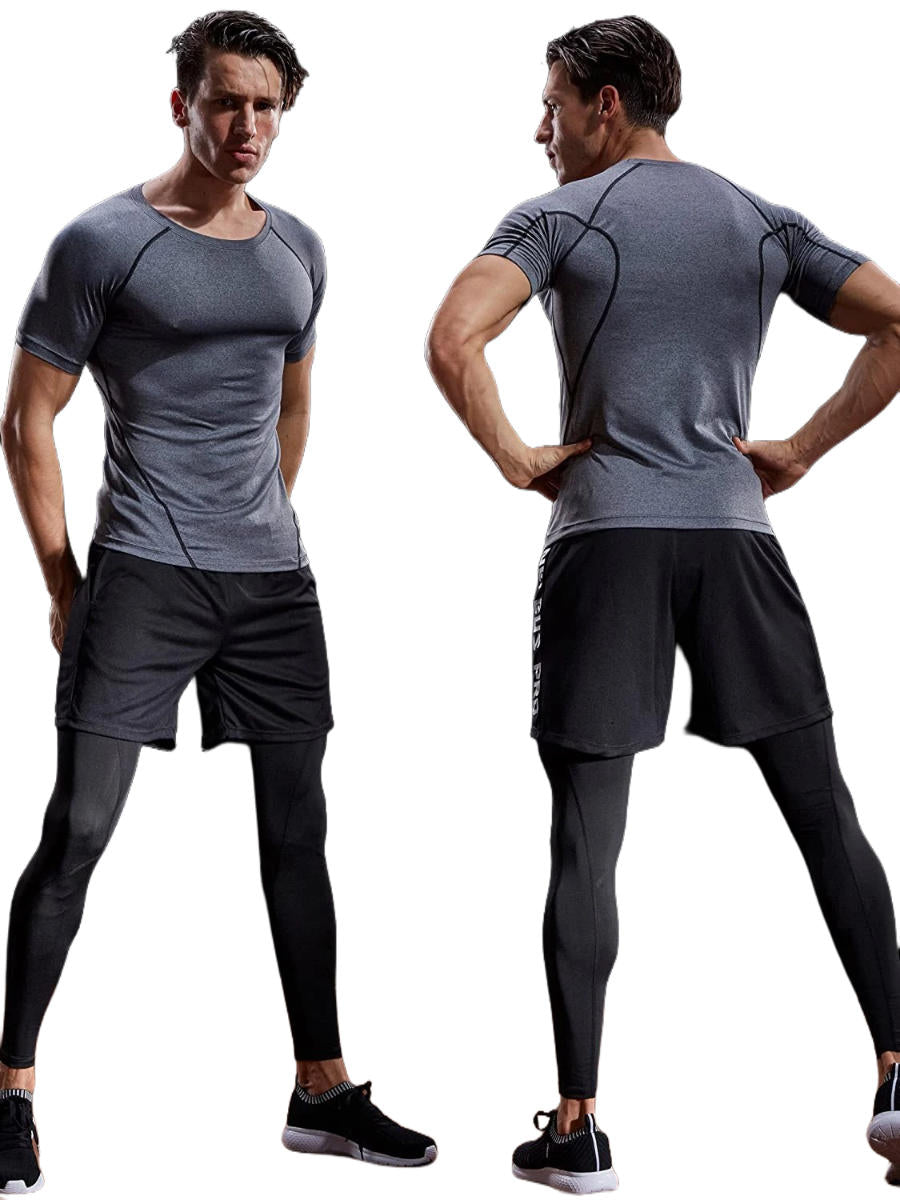 Men's black short sleeve supportive shirt with moisture-wicking fabric and muscle-support fit for training