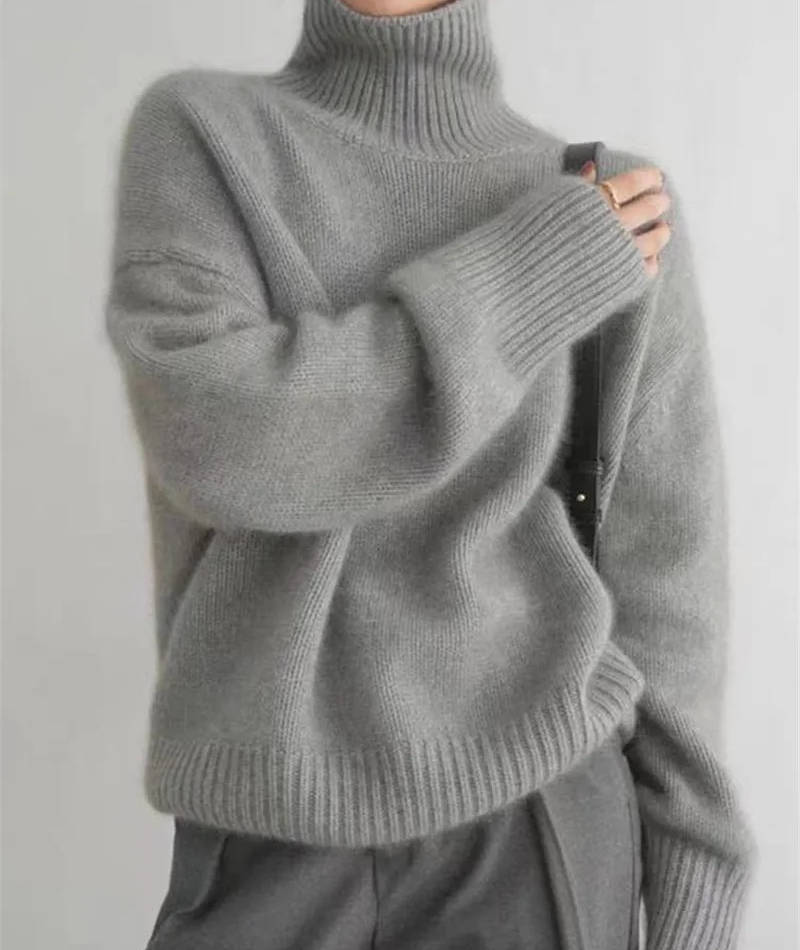 Women's ivory cashmere turtleneck sweater slim fit with premium 100% cashmere luxe warmth