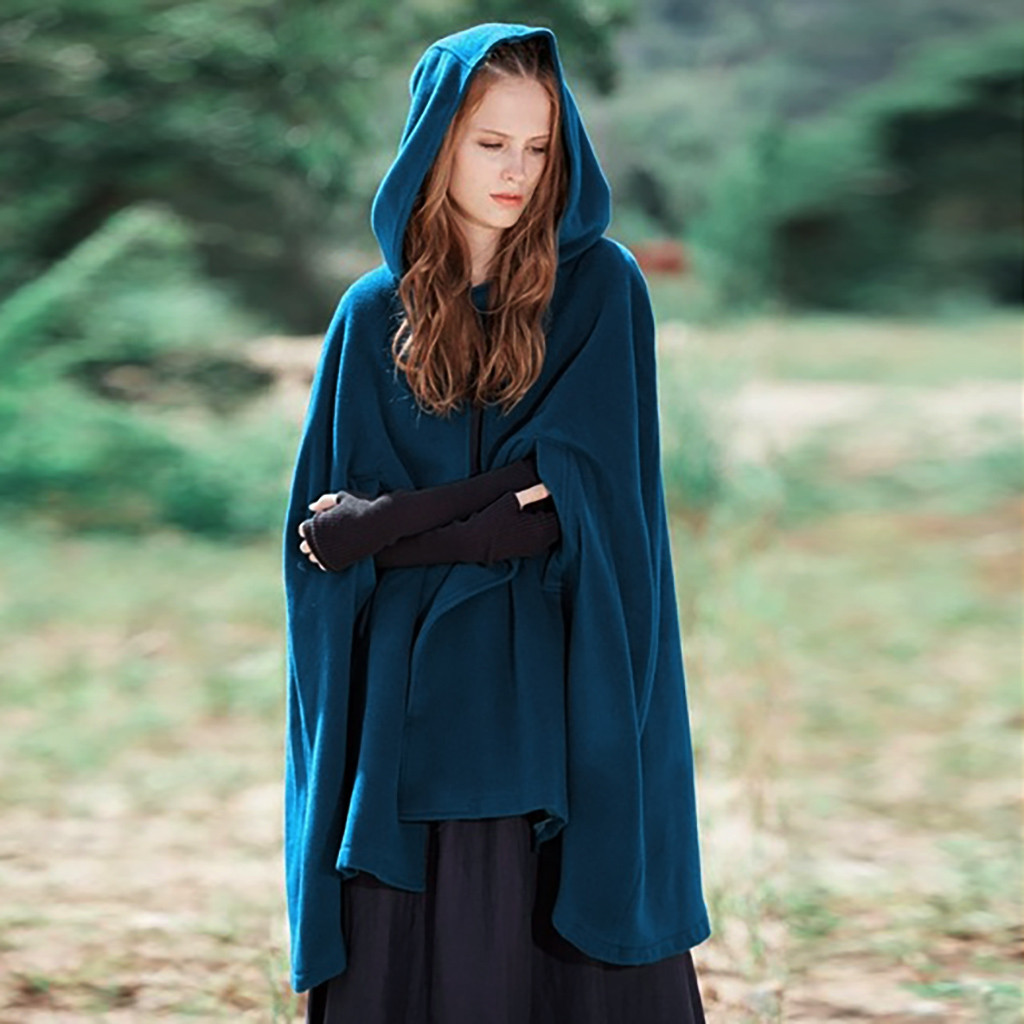Women's hooded wool blend cape loose fit draped open front in neutral tone for layering