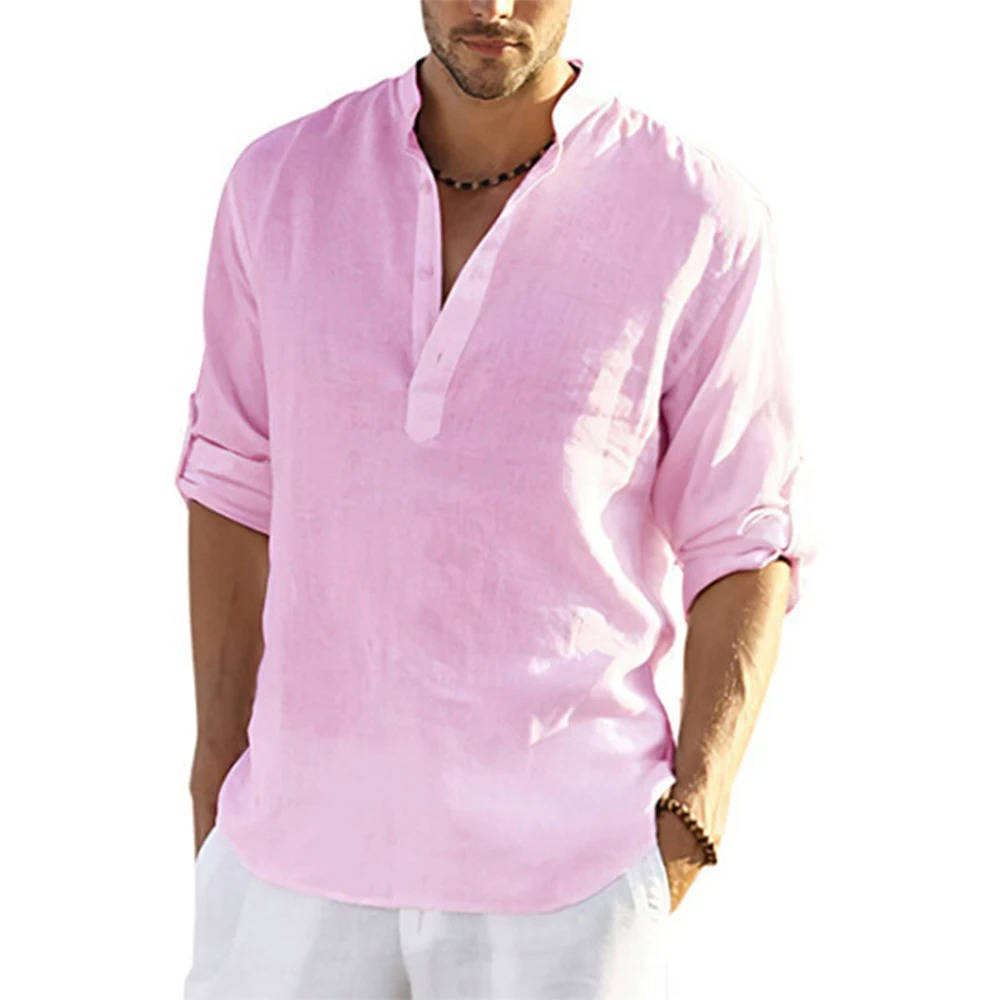 Men's casual long sleeve Henley shirt relaxed fit breathable cotton-linen blend everyday style