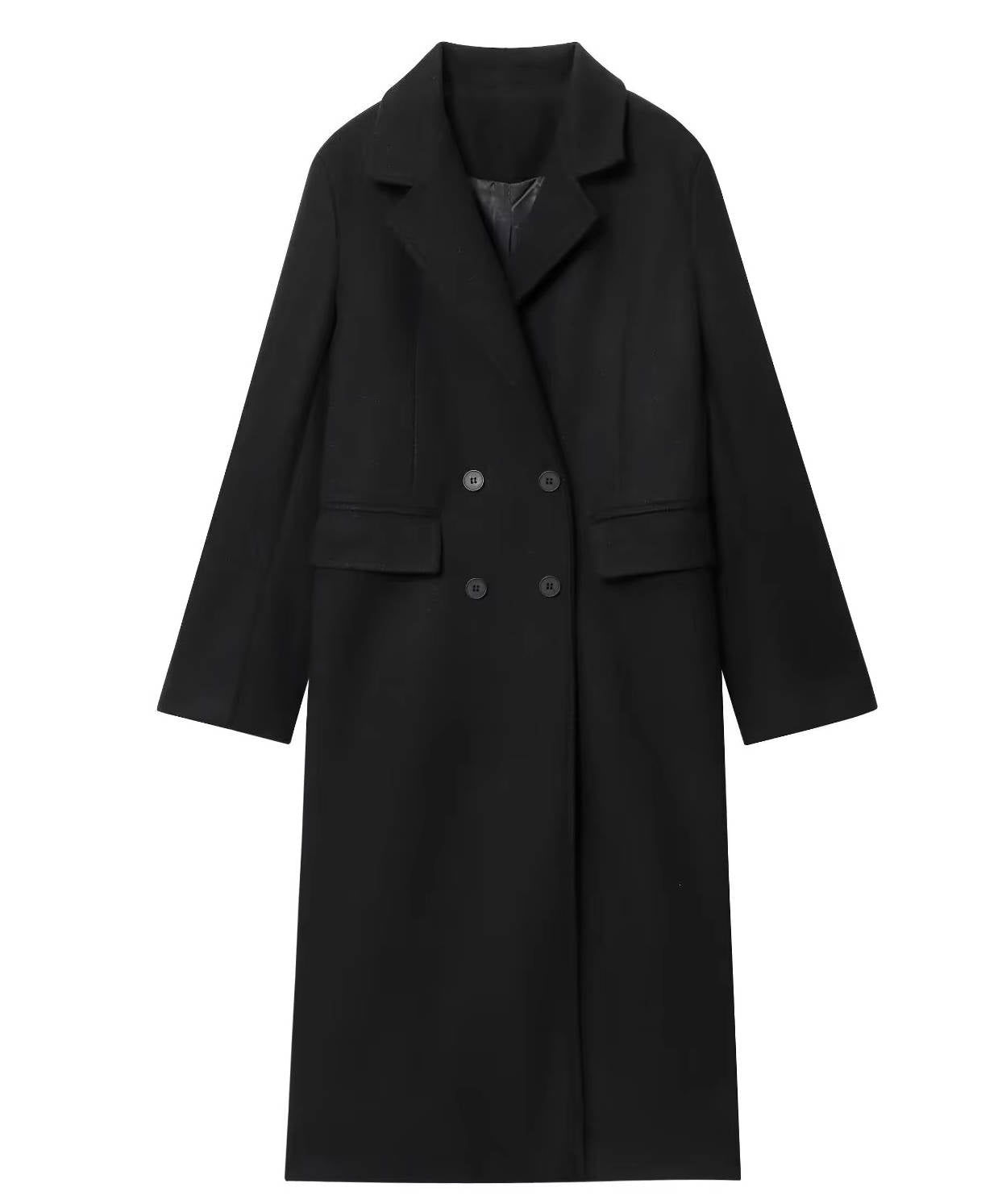 Women's long double-breasted overcoat knee-length silhouette in classic tailored style with warm lining