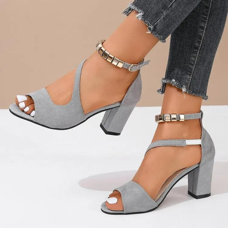 Women's block heel sandals with ankle strap in neutral tone, cushioned PU insole for all-day comfort