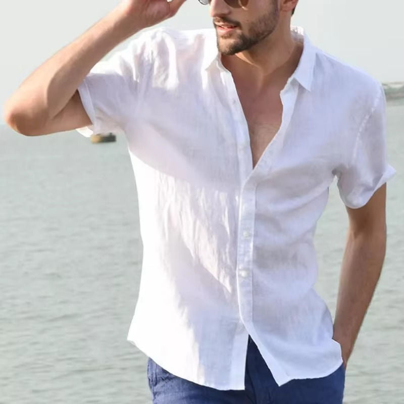 Men's light breathable linen blend shirt for summer office casual wear with moisture-wicking fabric