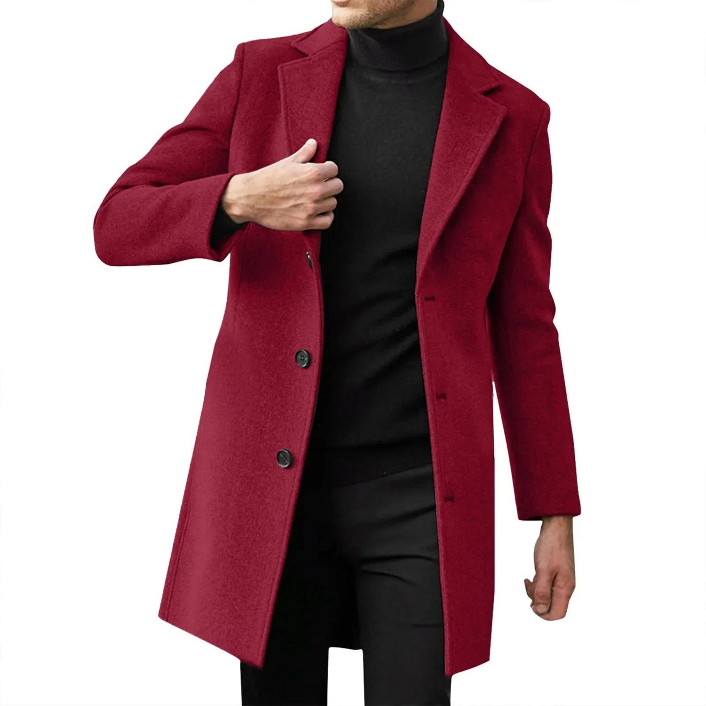 Men's slim fit longline wool overcoat in classic tones, notched lapel collar for business formal style