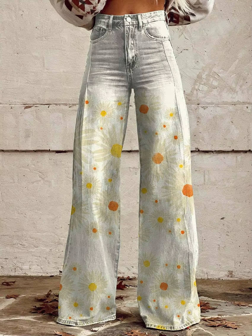 Women's high-waisted floral pants vintage-inspired wide-leg silhouette bold colorful print