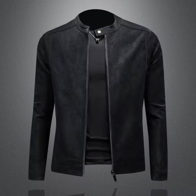 Men's matte black leather jacket with stand collar, slim cut, and premium soft PU finish for everyday style