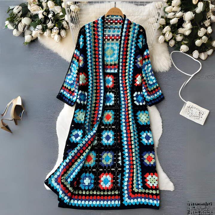 Ivory crochet open-front cardigan with geometric knit pattern and calf-length boho silhouette