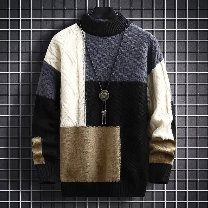 Men's patchwork knit sweater with colorblock panels, tonal stitching detail, casual relaxed fit for everyday warmth