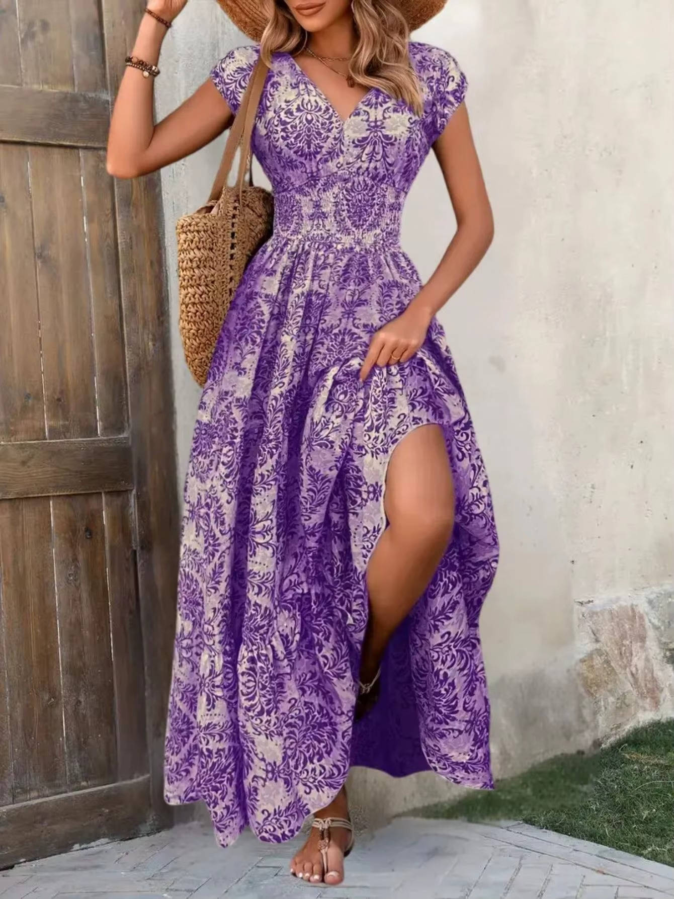 Women's smocked boho print tiered maxi dress with elasticized waist in flowing warm-weather style