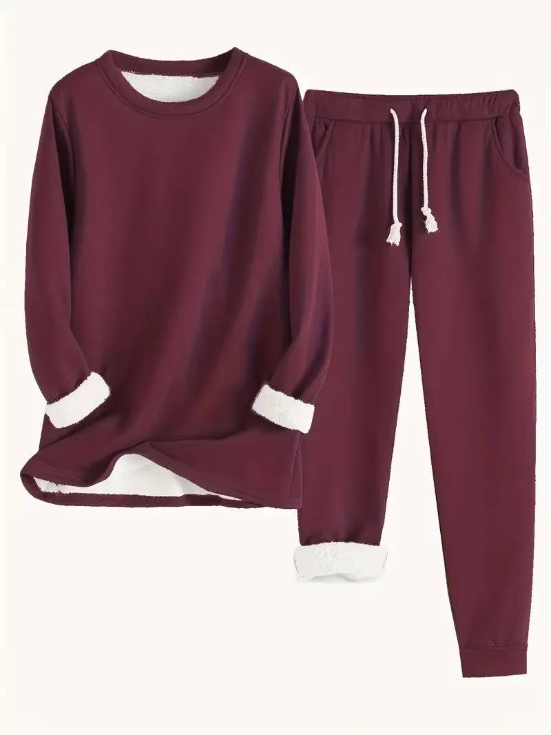 Women's gray fleece-lined sweatsuit set two-piece casual relaxed-fit brushed interior loungewear