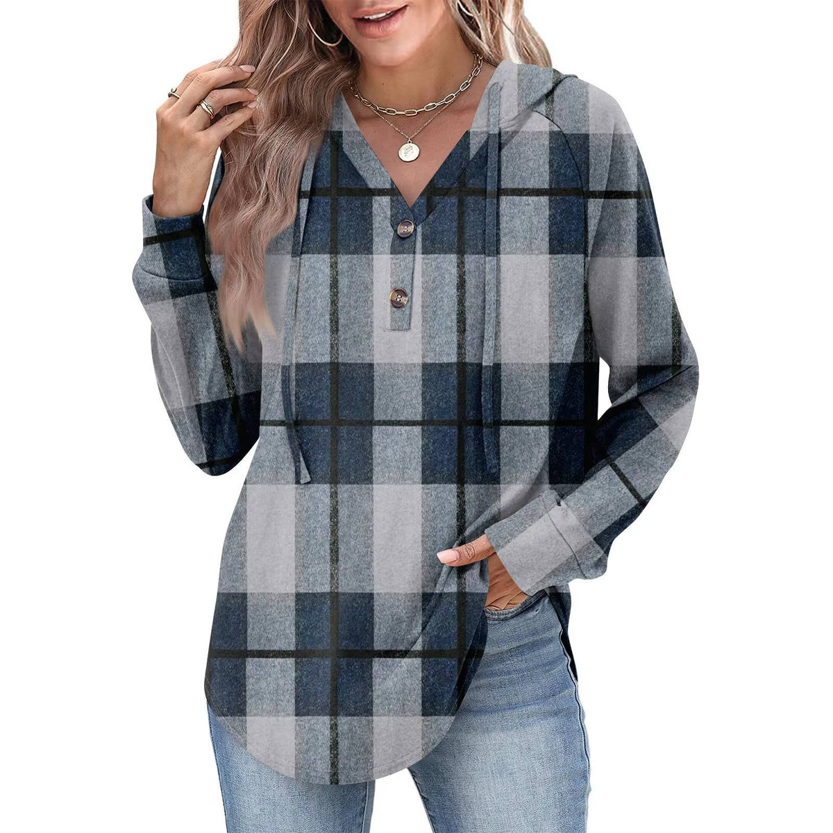 Women's cozy gray v-neck button hoodie sweatshirt with adjustable partial button detail