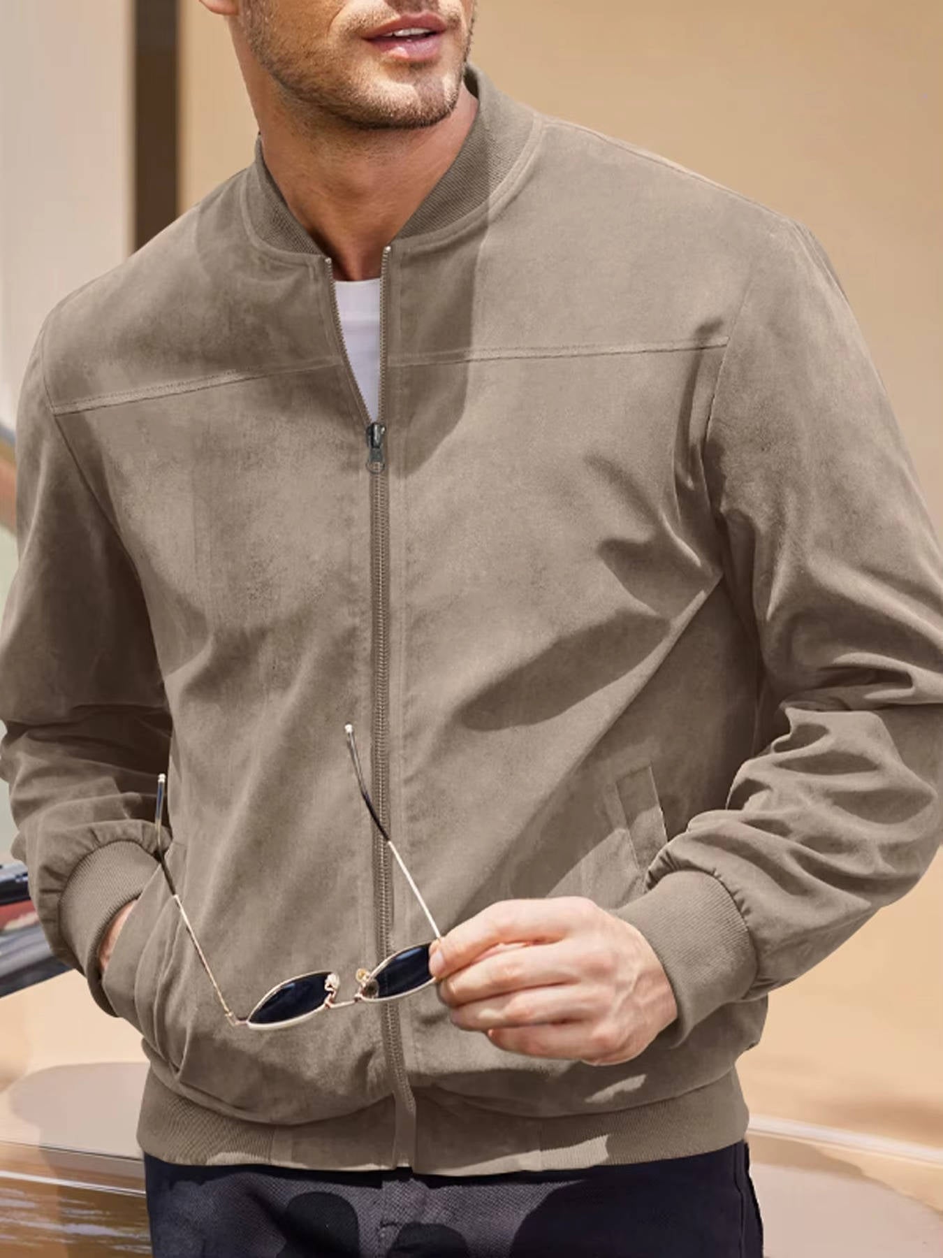 Men's lightweight suede bomber jacket windproof water-repellent all-season Weather Shield Technology